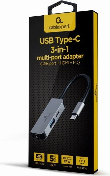Hub USB-C Gembird A-CM-COMBO3-02, 3-në-1, HDMI, USB 3.1, PD, Gri