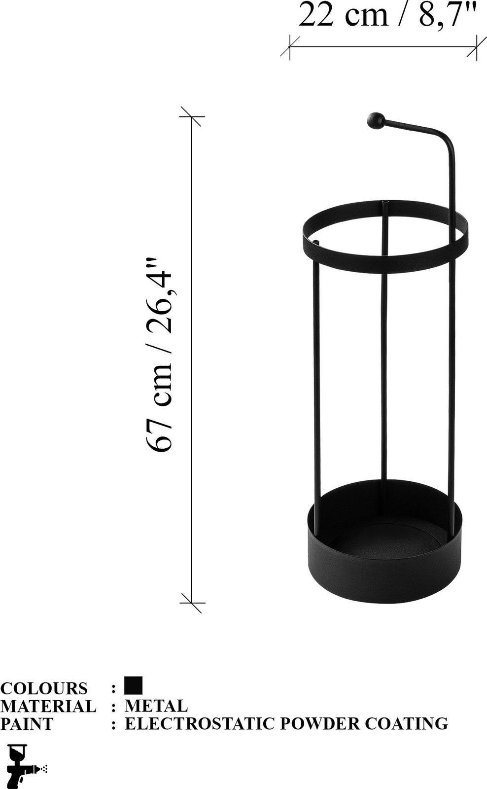 Stendë për ombrella, metalike, ngjyrë e zezë, Evila Originals, 22x22x67cm