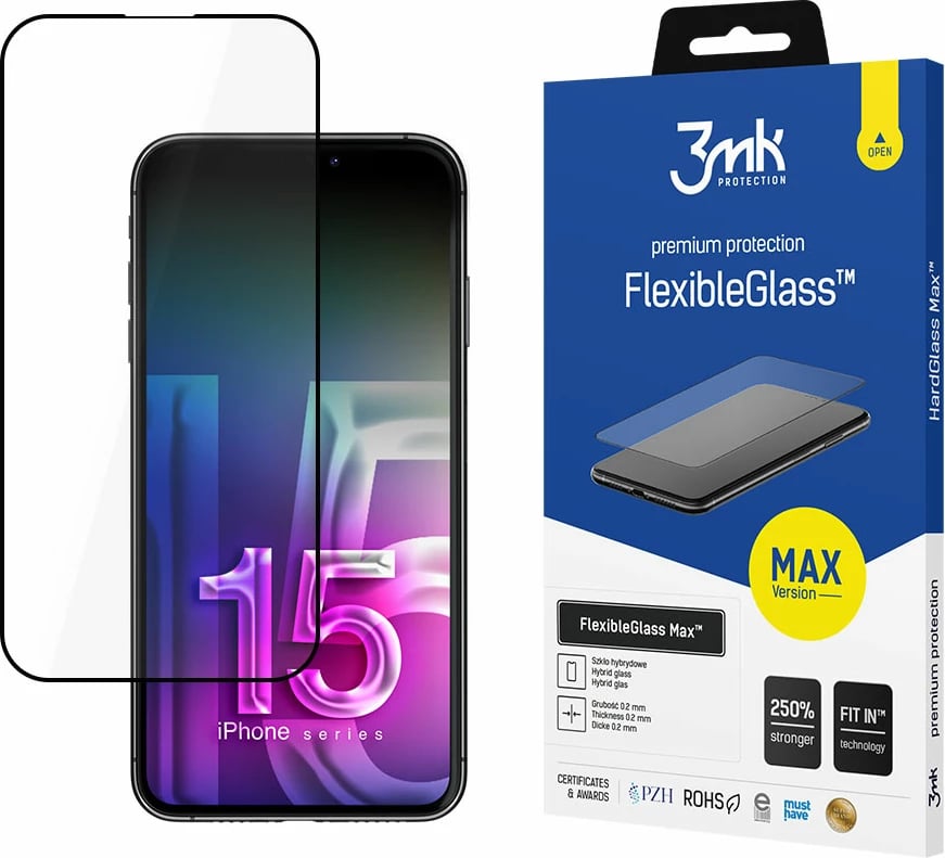Mbrojtës ekrani hibrid 3mk FlexibleGlass Max për iPhone 15 Pro, i zi