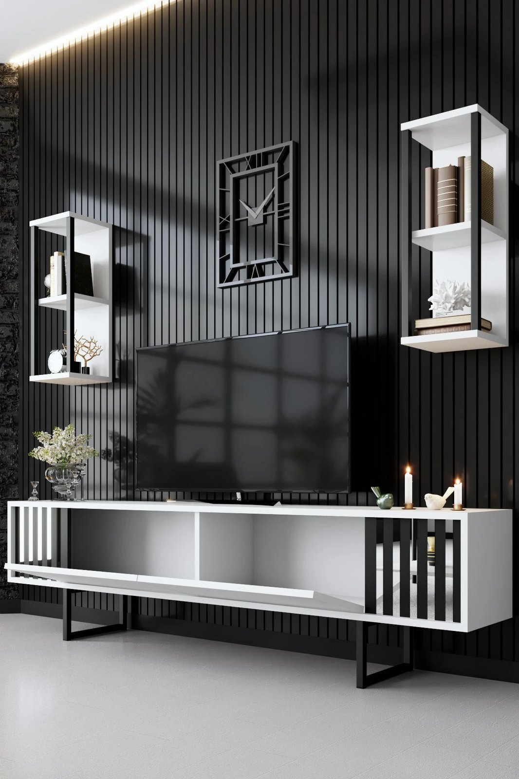 Komodë TV Hanah Home, Chrome Line, e bardhë dhe e zezë