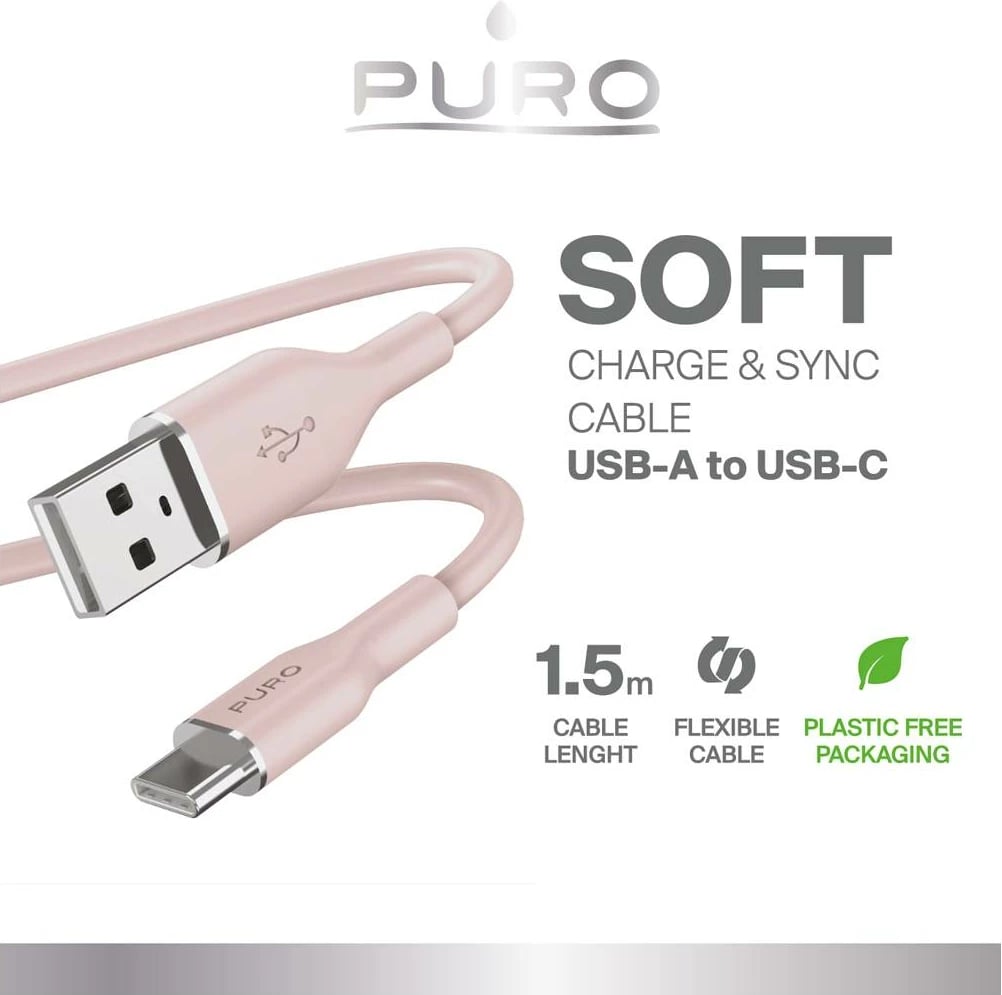 Kabllo USB-A në USB-C Puro Soft 1.5m, silikon, rozë Kabllo USB-A në USB-C Puro Soft 1.5m, silikon, rozë
