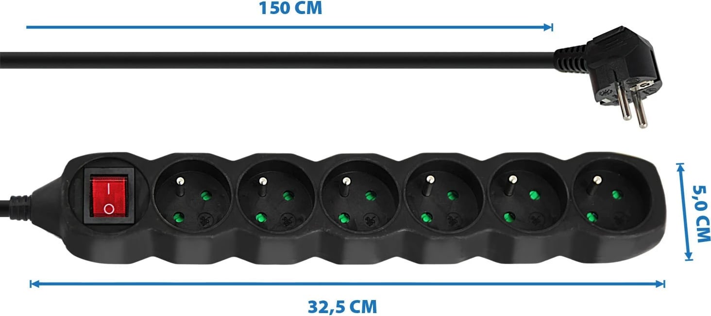 Shtrirës rryme Esperanza ELK217K, 6 porta, 1.5m, Zi