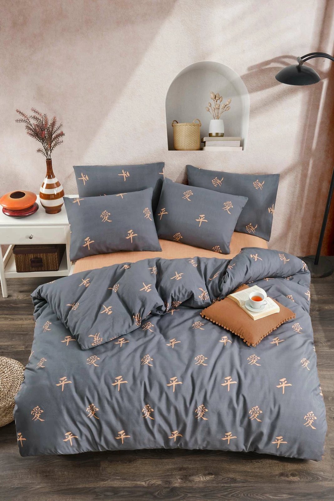 Set mbulesë për jorgan dopio, Zen, anthracite dhe portokalli