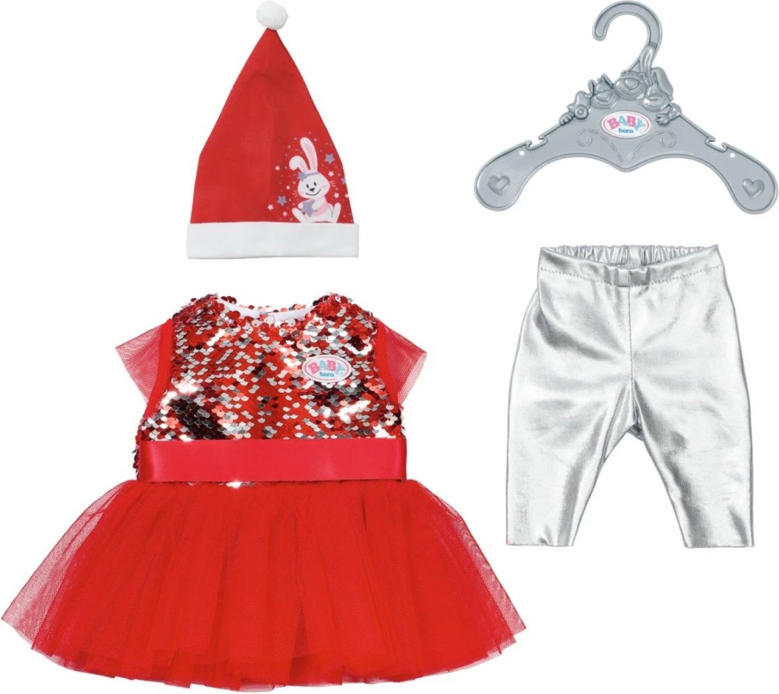 Veshje festive për kukull, Baby Born 836118-116724, për 43 cm, e kuqe/argjendtë/e bardhë, set me fustan, leggins, këpucë, kapelë Santa, varëse