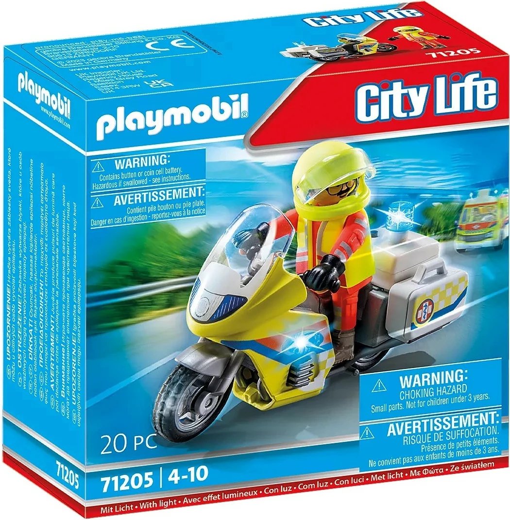 Set lodrash Playmobil City Life 71205, motor shpëtimi me drita dhe figurë mjeku, 20 pjesë