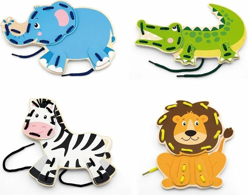 Lodër druri për lidhje me fill, Viga, set 4 kafshë zoo, shumëngjyrëshe