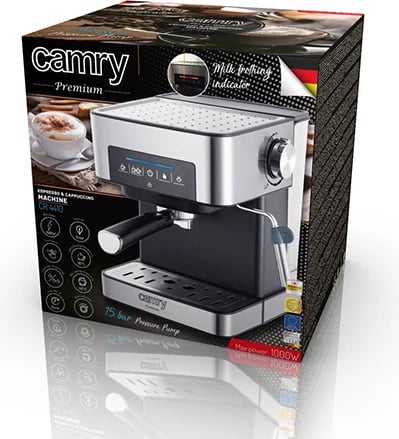 makinë kafeje me presion, Camry, CR 4410, 15 bar, depozitë 1.6 L, 850-1000W, panel me prekje, argjendtë