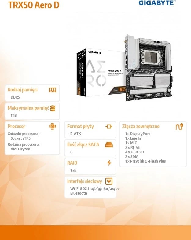 Pllakë amë Gigabyte TRX50 AERO D, Socket sTR5, DDR5, eATX, Argjend