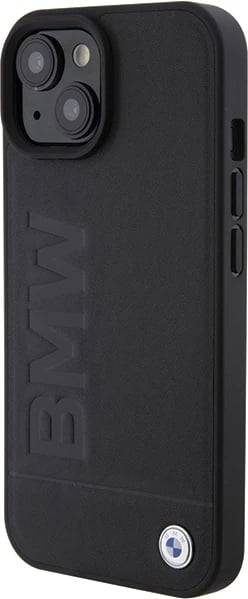 Mbështjellës BMW Leather Hot Stamp për iPhone 15 Plus, e zezë