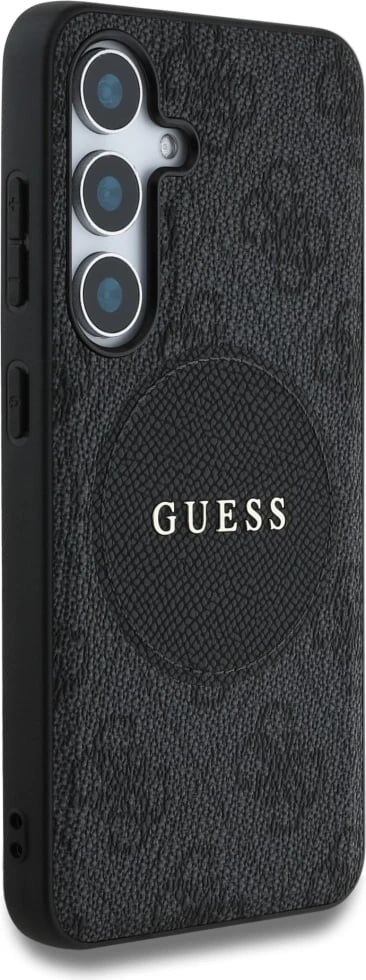 Mbështjellës Guess 4G Round Patch Classic Logo MagSafe për Samsung Galaxy S25, i zi