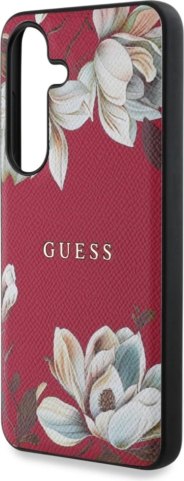 Mbështjellës Guess Grained Printed Flower Pattern MagSafe për Samsung Galaxy S25, Fuchsia