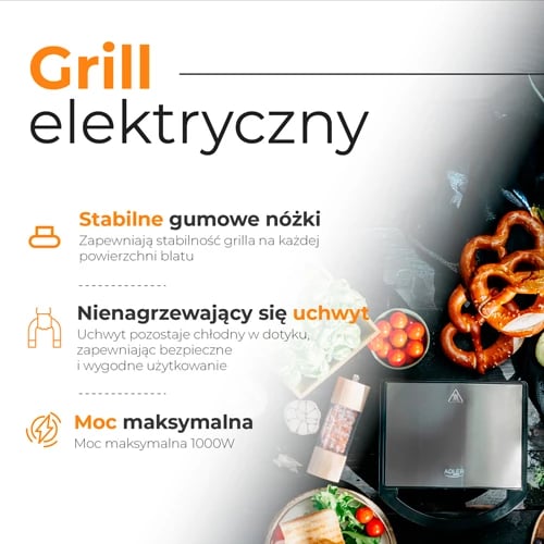 Grill elektrik, Adler AD 3068, 750W (1000W max), pllakë 22 x 12.5 cm, pllaka jo-ngjitëse, e zezë