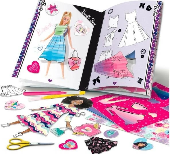Set kreativ Barbie Fashion School Lisciani, me libra mode, ngjyrosëse dhe ngjitëse, Multicolour