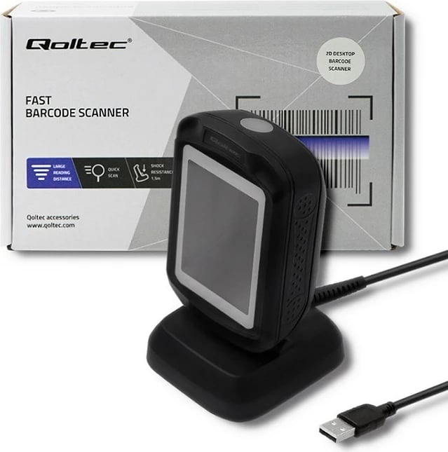 Skaner barkodi dhe QR Qoltec 50864, USB, i zi