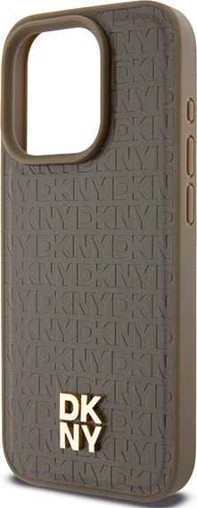 Mbështjellës DKNY Leather Monogram Pattern Metal Logo MagSafe për iPhone 15 Pro, Kafe
