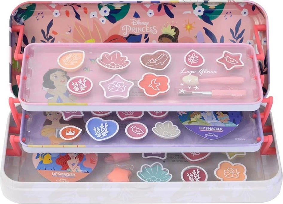 Set grimi për vajza Lip Smacker Disney Princess Makeup Case Triple Layer Beauty Tin, 31 copë