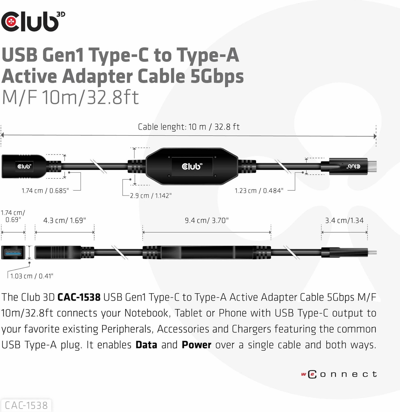 Kabllo USB Club3D CAC-1538, USB-C në USB-A, 10m, e zezë