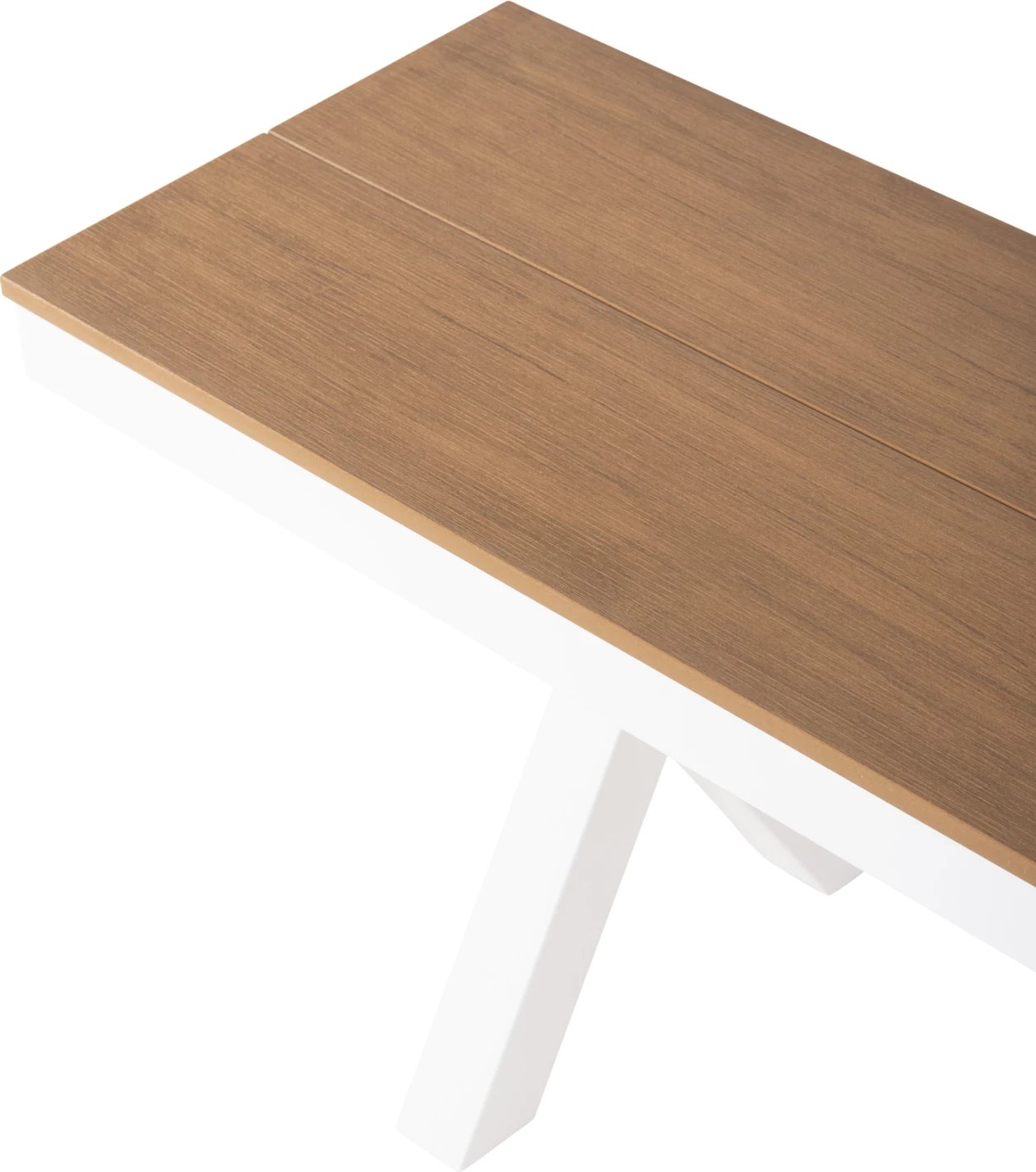 Stol alumini TAWNEE FH6040.02, i bardhë me sipërfaqe polivudi, ngjyrë druri natyral, 220x36x44.5 cm