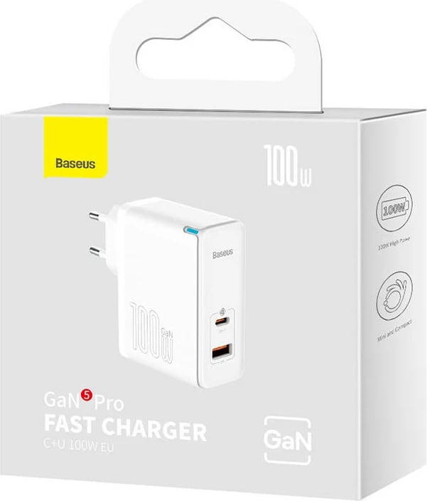 Karikues rrjeti Baseus GaN5 Pro, 100W, 2 porta USB-C + USB-A, me kabllo 1m, Bardhë