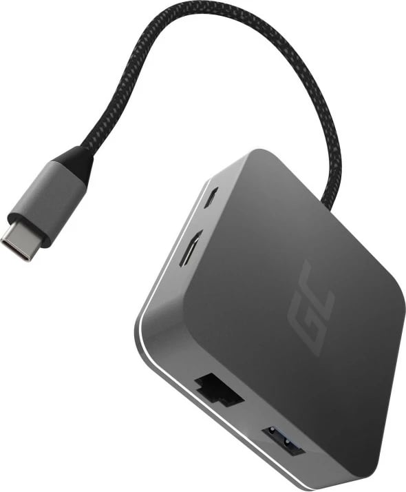 HUB USB-C Green Cell AK61, 6 porte, HDMI, RJ45, USB 3.0, USB-C PD, Argjendtë