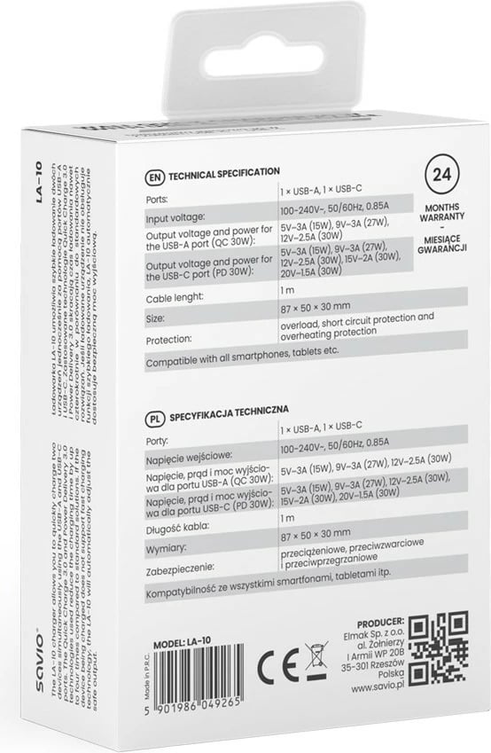 Karikues muri Savio LA-10 me kabllo USB-C 30W, Bardhë