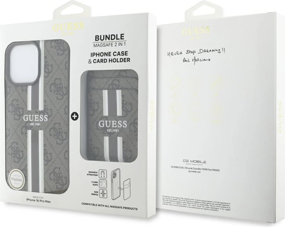 Mbështjellës Guess 4G Stripes me portofol MagSafe për iPhone 16 Pro Max, Kafe