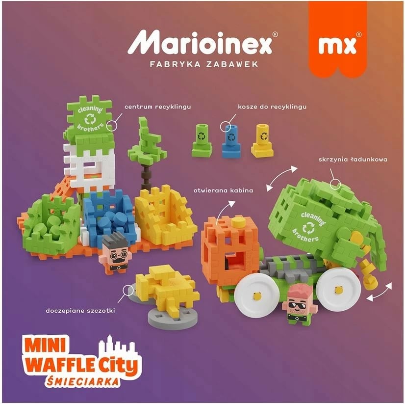 Set lodrash ndërtimi Marioinex Mini Waffle City Garbage Truck, 148 pjesë, me figurina