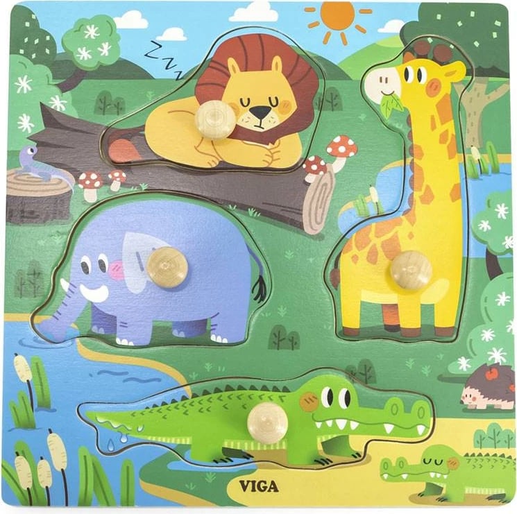 Puzël druri me kunja, Viga, Kafshë të egra, 4 copa, 12M+, shumëngjyrësh