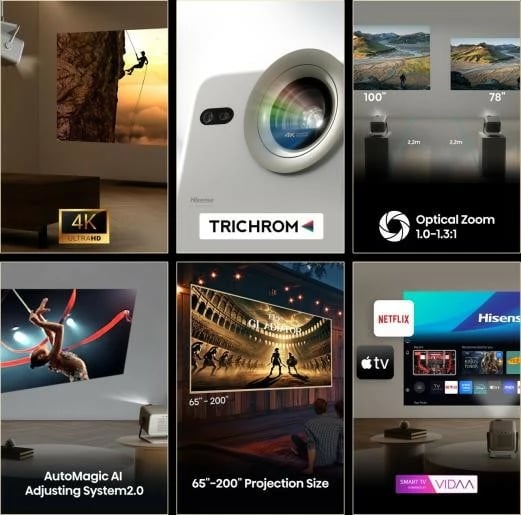 Projektor lazer 4K, Hisense M2 Pro, 1300 ANSI lm, short throw 1.0–1.3:1, auto-focus/keystone, Wi‑Fi/Bluetooth, gri