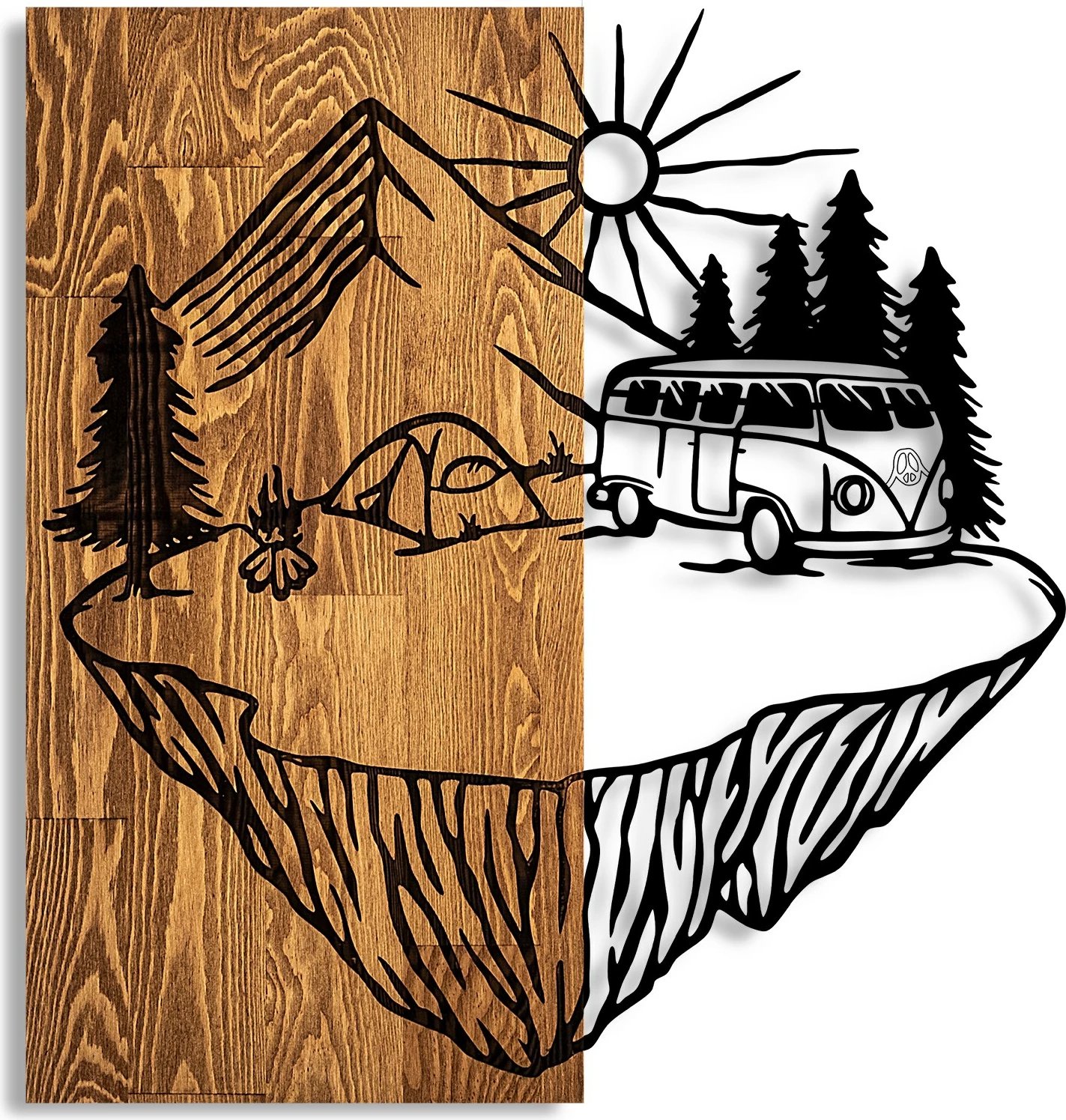 Aksesor dekorativ për mur, dru natyral, Wallity, Camp Life, ngjyrë arre dhe e zezë, 54x57cm