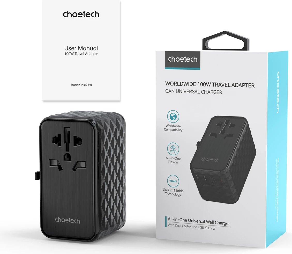 Adapter udhëtimi Choetech PD6028, 4 porta USB (2x USB-C, 2x USB-A), 100W, i zi