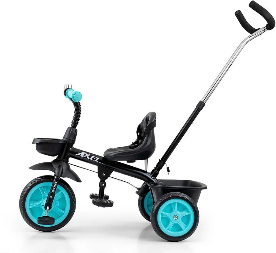 Tricikël fëmijësh me guidë, Milly Mally Axel, kornizë çeliku, rrota EVA, pedale me bllokim, 1-3 vjeç, e zezë