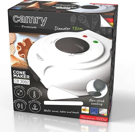 pjekës vafle dhe konë akulloresh Camry CR 3082, pllaka 18 cm, rregullim temperature, 750–1500W, me formues koni, bardh e zi