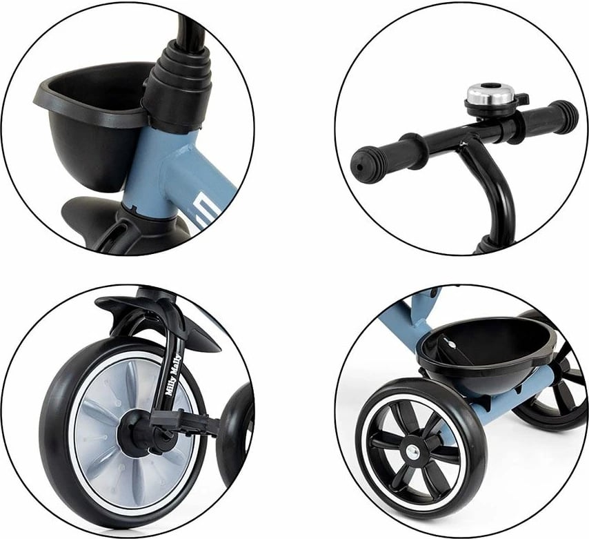 Tricikël fëmijësh, Milly Mally, Bobby, kornizë çeliku, rrota EVA, kambëza të heqshme, 24M+, blu