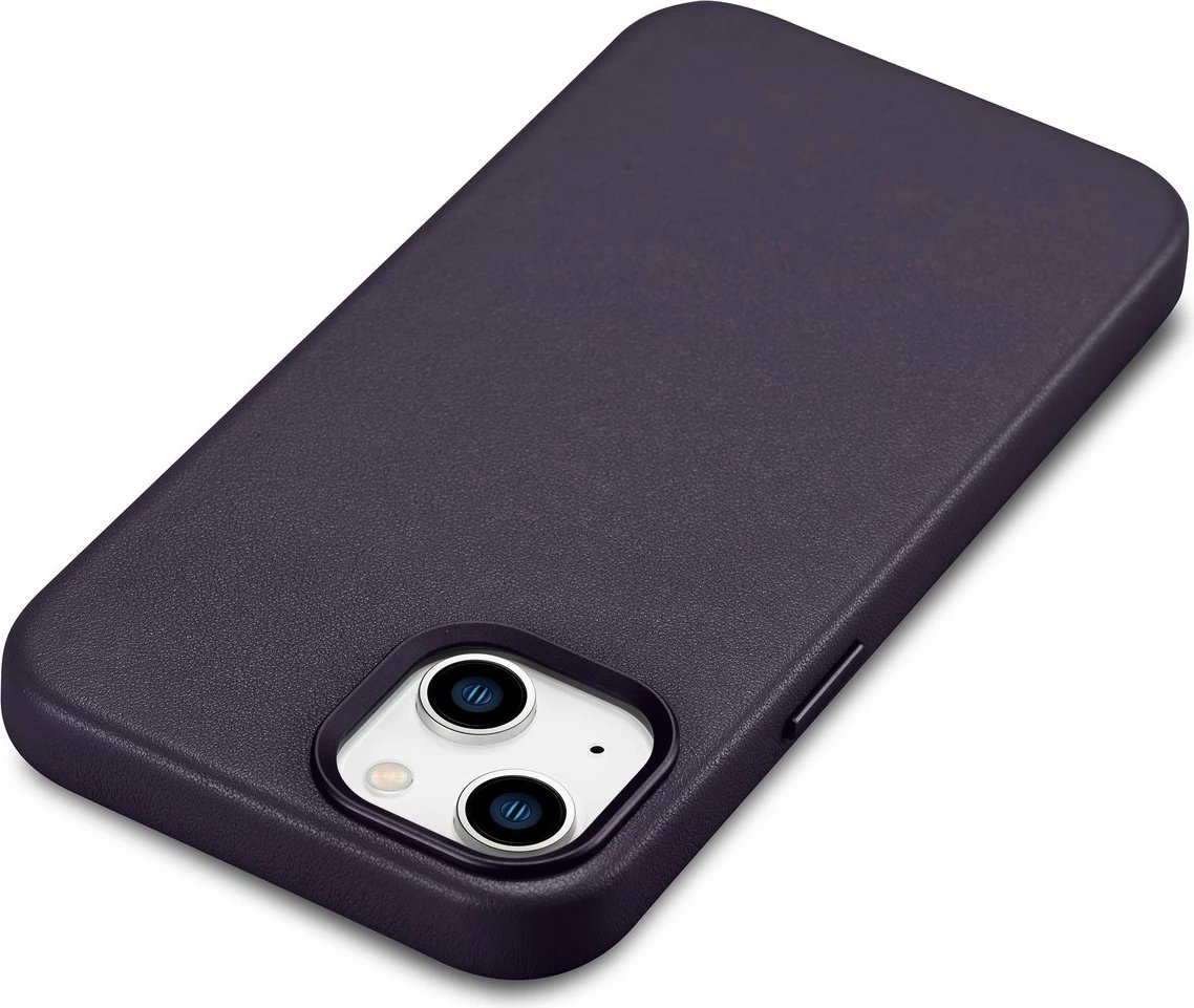 Mbështjellës iCarer për iPhone 14, lëkurë natyrale, MagSafe, Vjollcë e errët