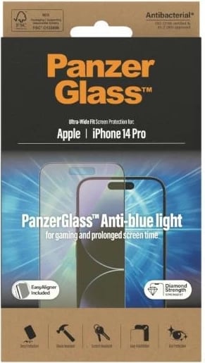 Xham mbrojtës PanzerGlass Ultra-Wide Fit me filtër dritë blu dhe EasyAligner për iPhone 14 Pro