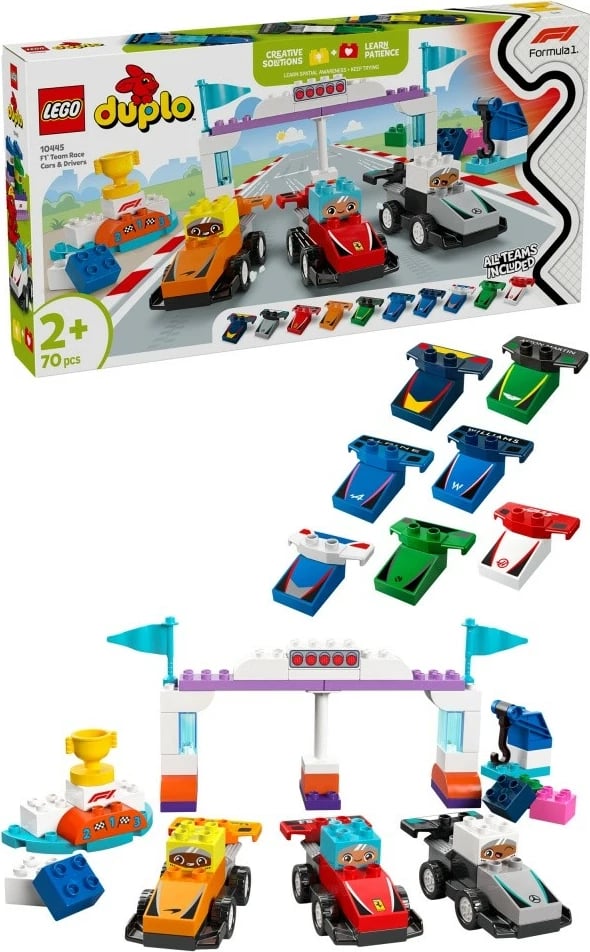 Set lodrash LEGO DUPLO Formula 1 Cars and Drivers 10445, 70 pjesë, shumëngjyrëshe
