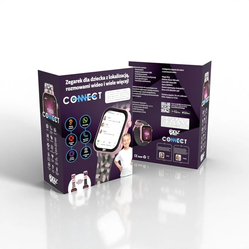 Smartwatch KIDI KiDiZ Connect për fëmijë, 4G LTE, GPS, 700 mAh, Rozë
