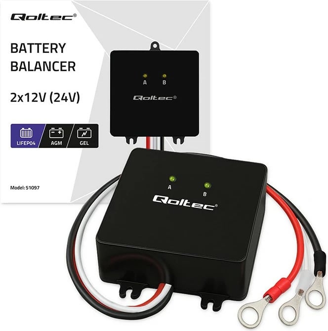 Balancues tensioni Qoltec 51097 për 2x12V bateri, 24V, 5A, i zi