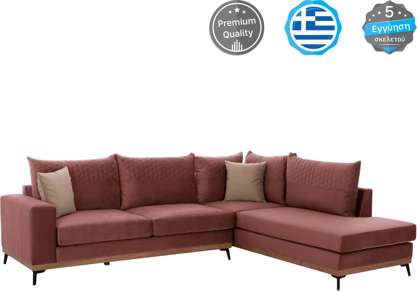 Divan qoshe MESINA, rozë e zbehtë, këmbë të larta, 2 pjesë, qoshe e djathtë