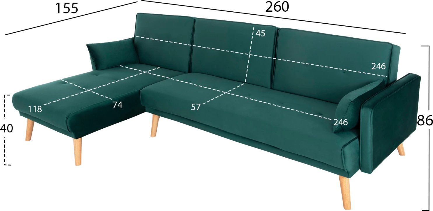 Divan qoshe me shtrat, PANTHEA, FH3127.13, kadife jeshile selvi, 260x155x86 cm