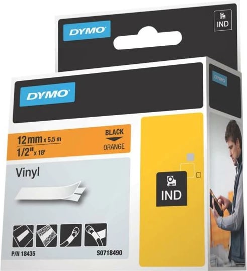 Shirit etiketimi, Dymo, vinyl vetëngjitës 18435 S0718490, 12mm x 5.5m, zezë/portokalli