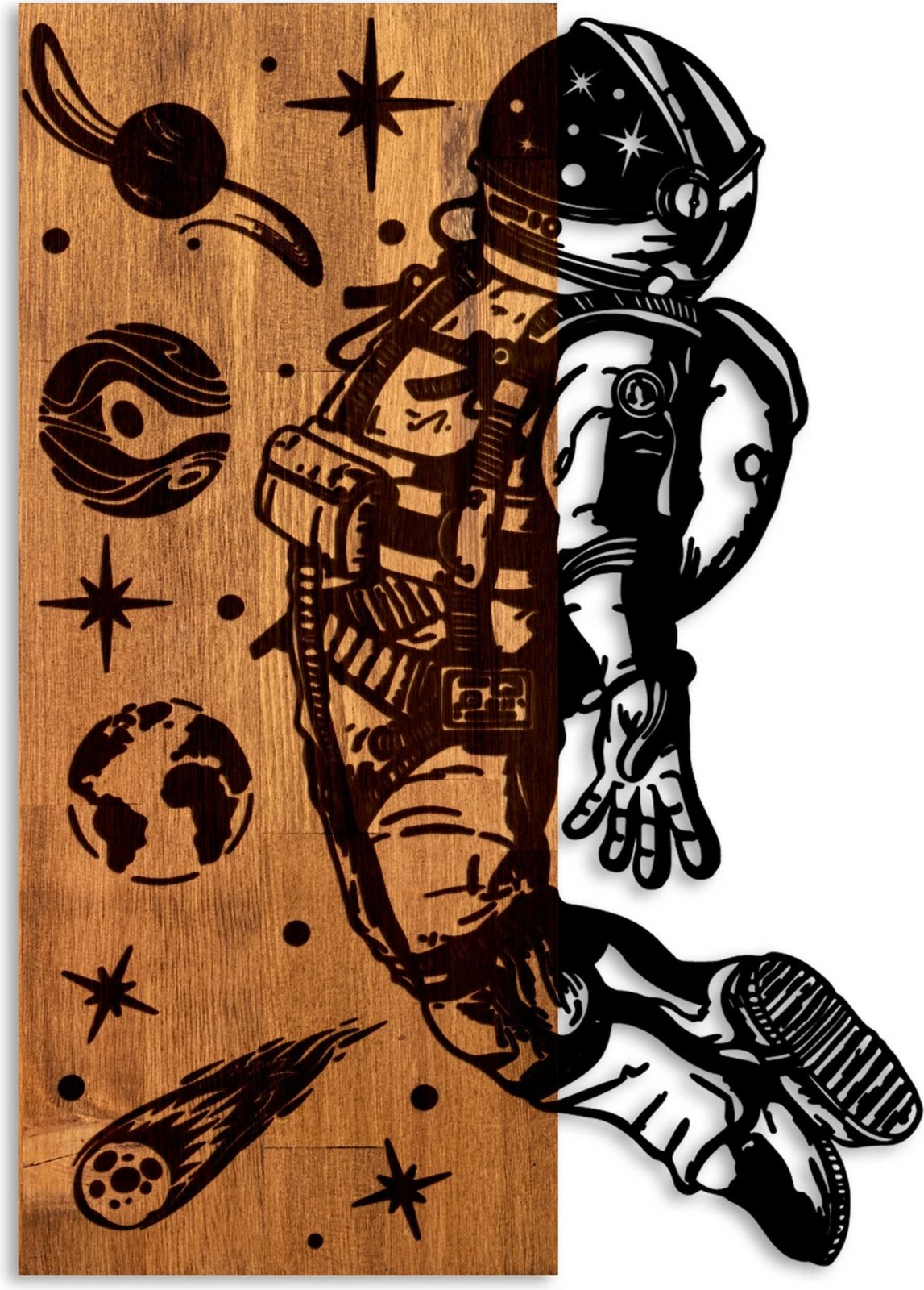 Aksesor dekorativ për mur, dru dhe metal, temë kozmike, ngjyrë arre dhe e zezë, Wallity