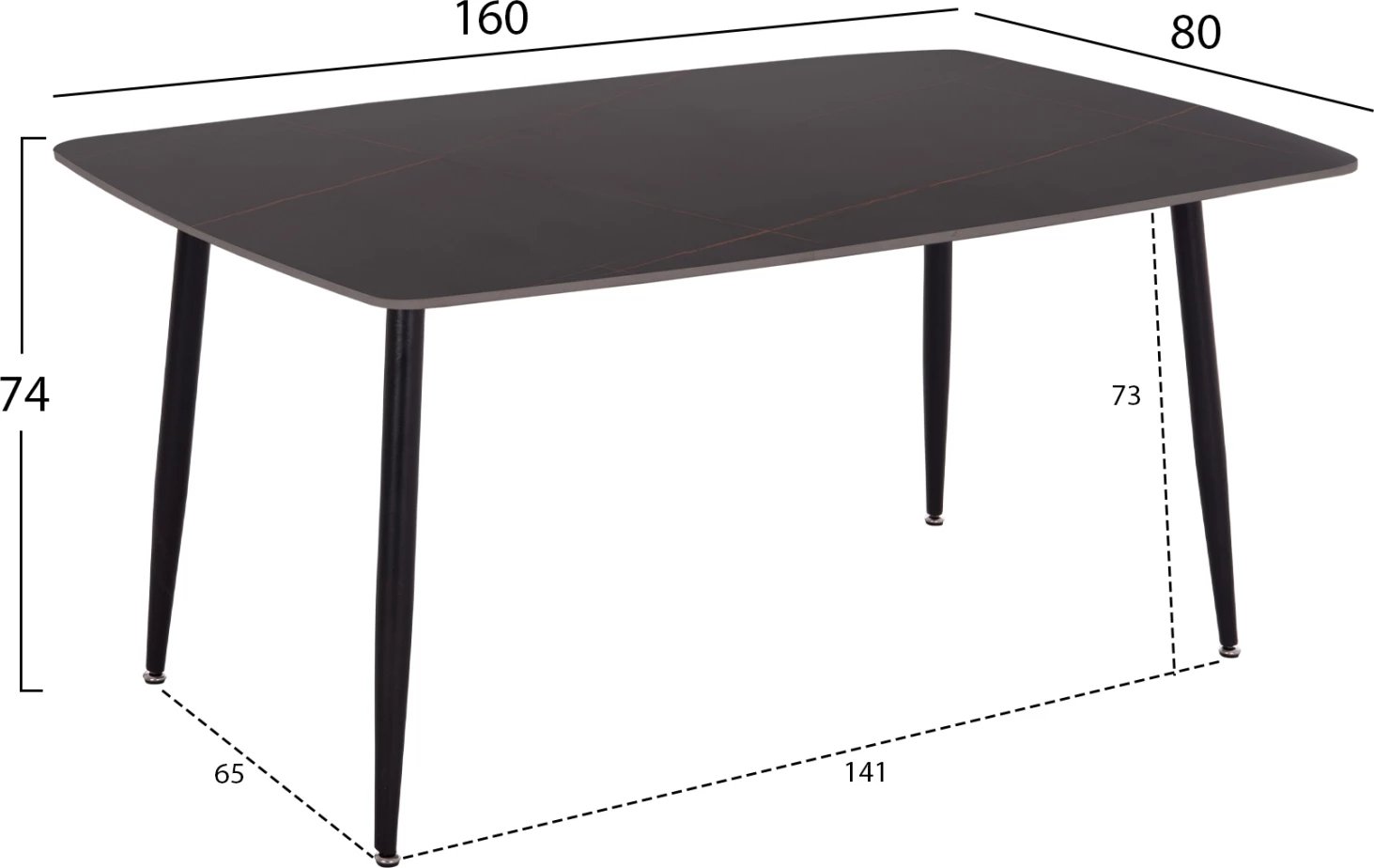 Tavolinë ngrënieje RAVEN, sipërfaqe qeramike, pamje mermeri të zi, 160x80x74cm