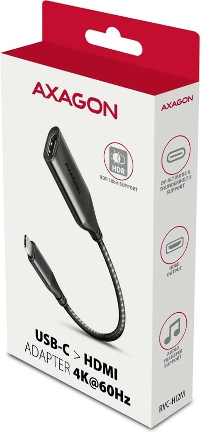 Adapter AXAGON RVC-HI2M USB-C në HDMI 2.0, 25cm, Gri