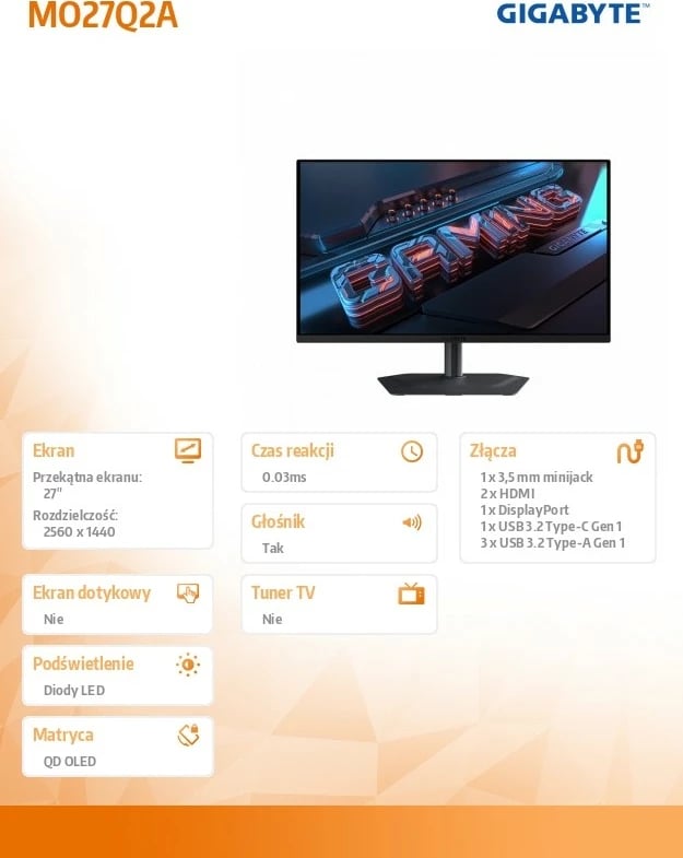 Monitor Gigabyte MO27Q2A, 27", QHD, QD-OLED, 280 Hz, i zi