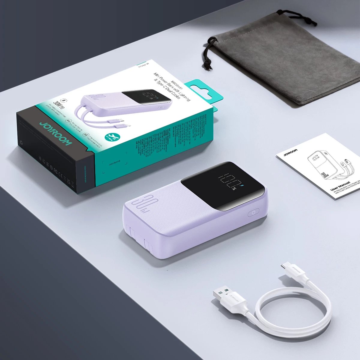 Powerbank Joyroom JR-PBC06, 10000mAh, 30W, me kabllo USB-C/Lightning të integruara, vjollcë
