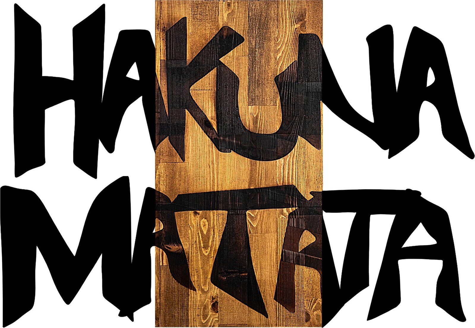 Aksesor dekorativ prej druri për mur, Hakuna Matata 5, ngjyrë e zezë dhe arre e çelët, 77x3x58cm