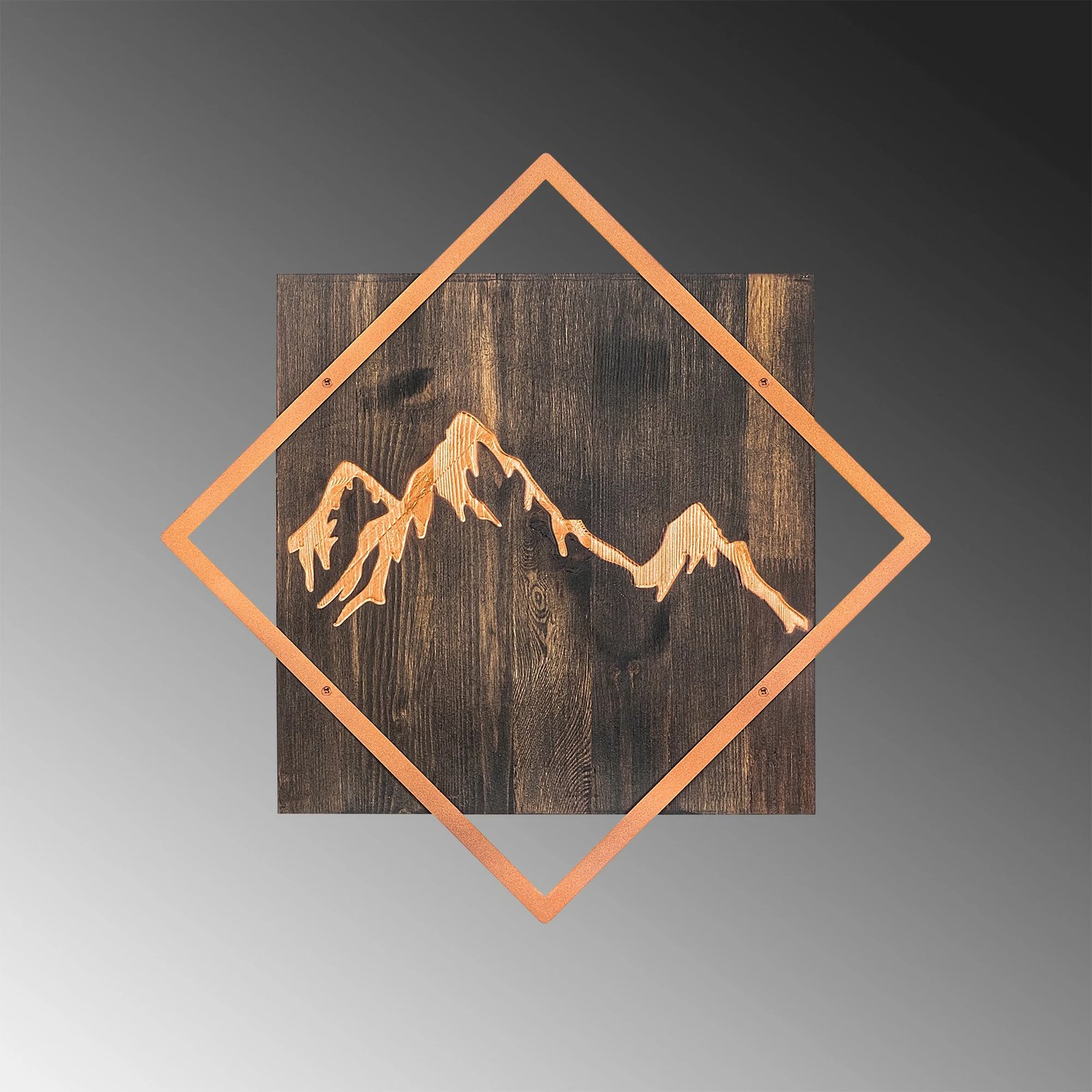 Aksesor dekorativ për mur, dru dhe metal, motiv mali, ngjyrë arre dhe bakri, 54x54cm