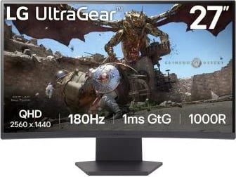 Monitor gaming i lakuar, LG, 27GS60QX-B 27GS60QXB (27GS60QX-B.AEUQ), 27" QHD 2560x1440, 180Hz 1ms GtG, 1000R, e zezë